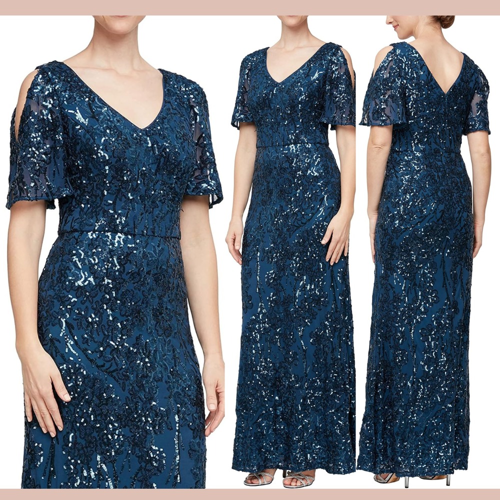 NEW‎ $259 Alex Evenings [ 8P ] Sequin Lace Cold Shoulder Trumpet Gown Blue Q1229